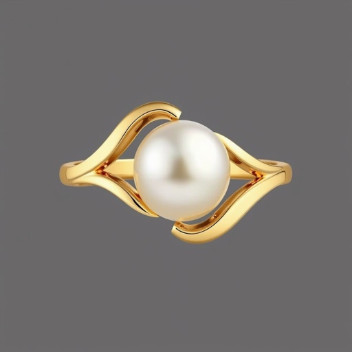 A golden ring with a pearl in the middle, the ring curving into an elegant wave type circle around the pearl. I want it to have a very elegant, simple, and beautiful design. I want the ring symmetrical and the pearl to be a medium size.