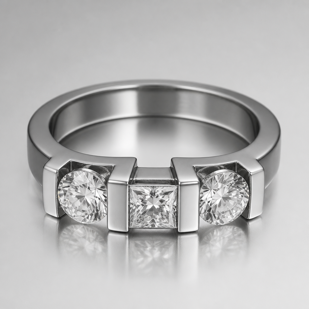 Two round and one princess cut diamonds in a ring
photorealistic jewelry design, Two round and one princess cut diamonds in a ring, industrial style, just the design no text