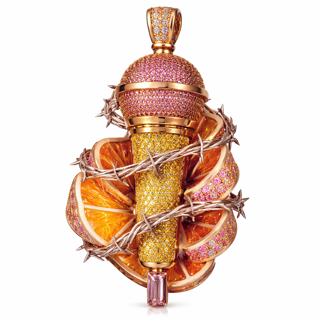 Urban microphone that’s yellow and pink that has a bob wire razor appeal with professional look that’s bring ambition and quality into the layers of pealing oranges.