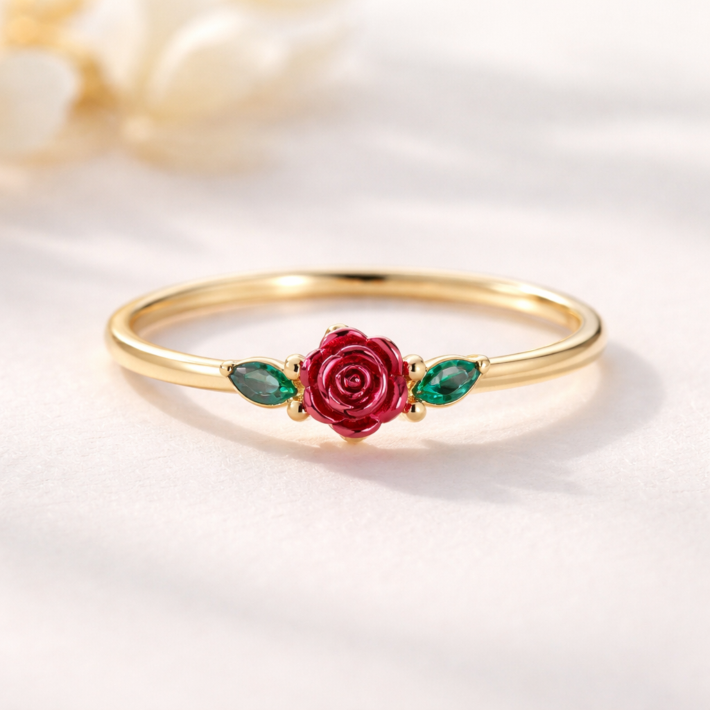 A women's ring made of gold with ruby and emerald stones. simpel and elegent a small red rose with green leaf