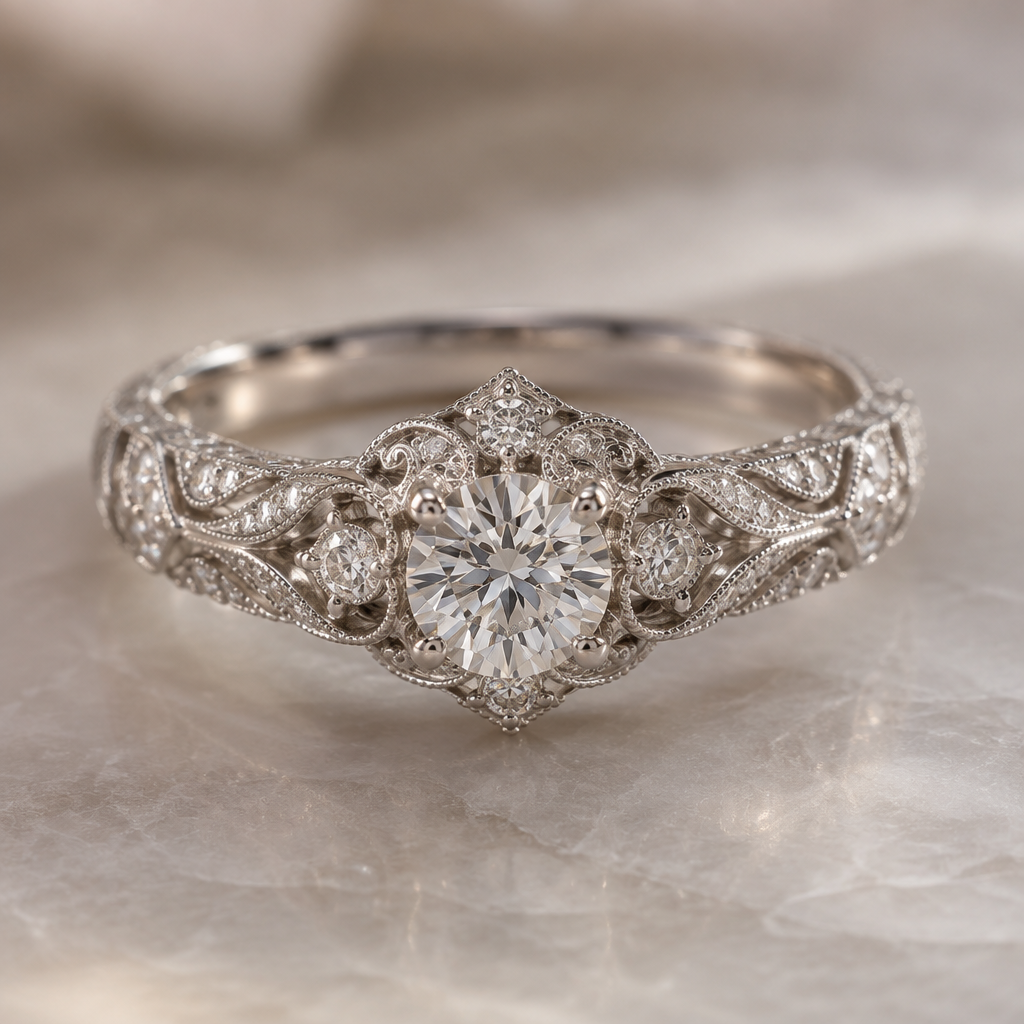 A vintage style wedding ring with diamonds and a silver band
photorealistic jewelry design, A vintage style wedding ring with diamonds and a silver band
, vintage style, just the design no text