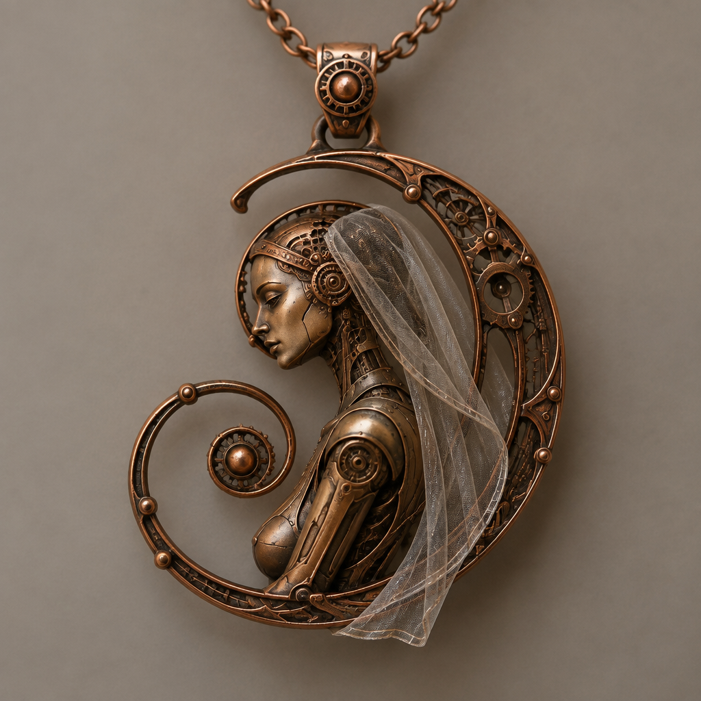 A steampunk women's necklace made of copper suitable for daily wear. a spiral with a android woman with vail
photorealistic jewelry design, A steampunk women's necklace made of copper suitable for daily wear. a spiral with a android woman with vail, steampunk style, just the design no text