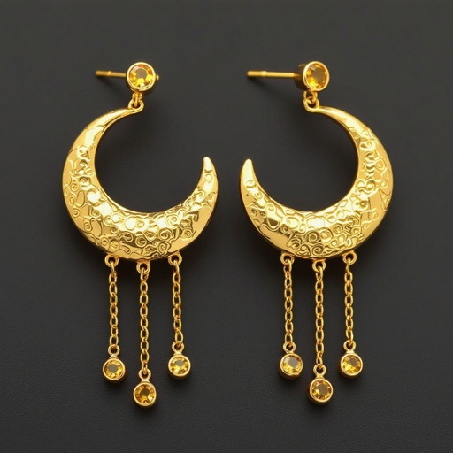 Золотые серьги словно мятое золото в форме узкого изящного полумесяца. Верхушка полумесяца крепится к застежке серьги.  От полумесяца идет три цепочки, у каждой на конце мелкий камушек цитрин