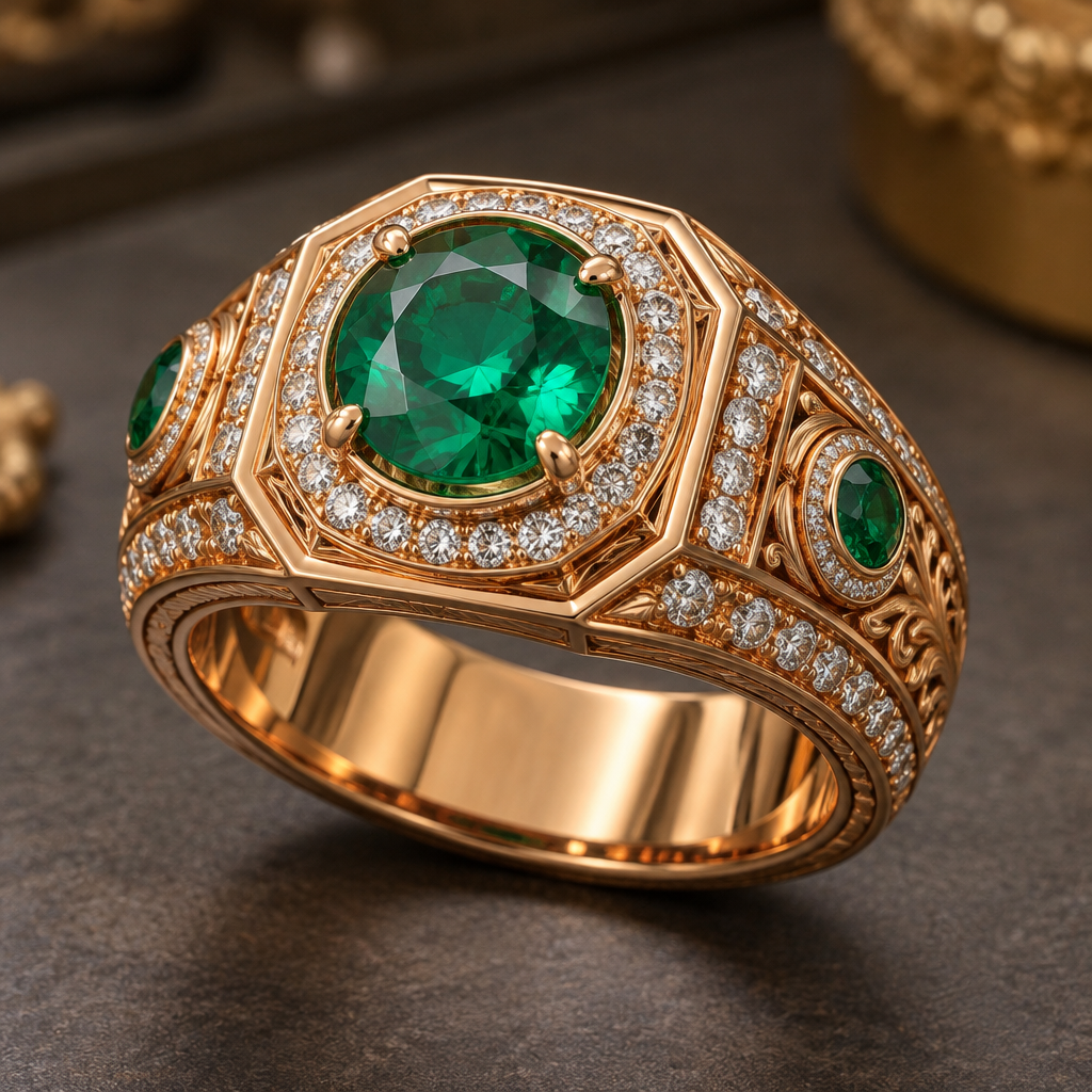 A modern men's ring made of rose gold with emerald stones suitable for festival, highly ornate, intricate and elaborate, richly detailed. मुझे एक ऐसी अंगुथी बना कर दो जिसमें पन्ना गोल हों और उसके बाजु में सफेद नंग लगे हों।
photorealistic jewelry design, A modern men's ring made of rose gold with emerald stones suitable for festival, highly ornate, intricate and elaborate, richly detailed. मुझे एक ऐसी अंगुथी बना कर दो जिसमें पन्ना गोल हों और उसके बाजु में सफेद नंग लगे हों।, modern style, just the design no text
