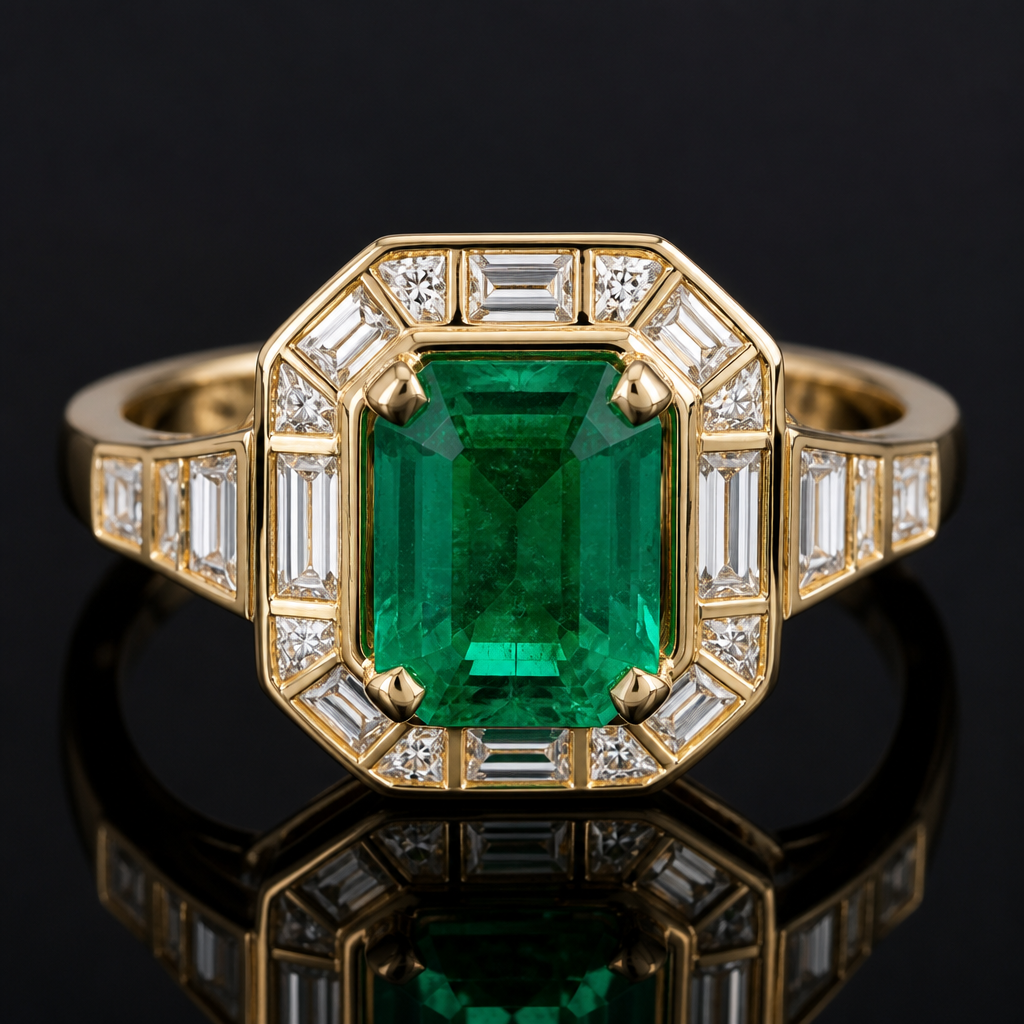 luxury gold ring with emerald diamond and geometric design
photorealistic jewelry design, luxury gold ring with emerald diamond and geometric design, just the design no text