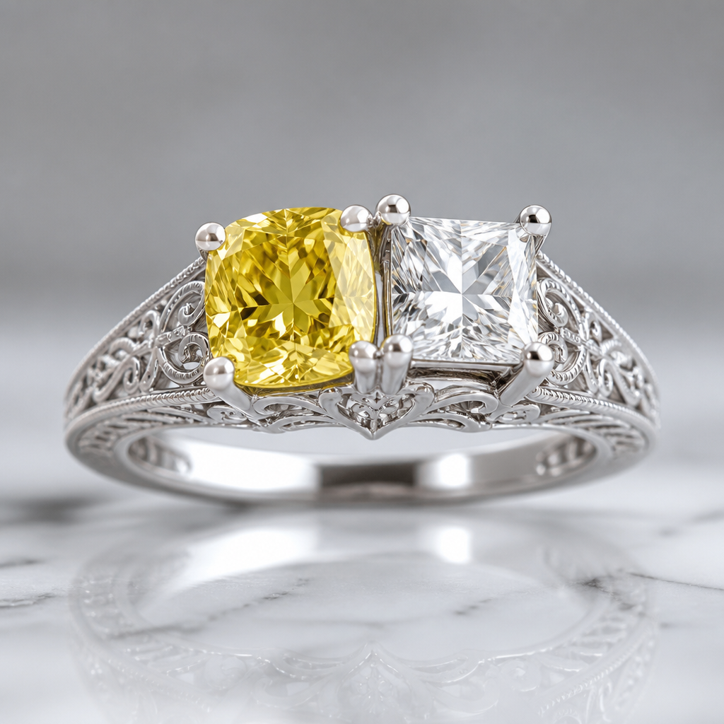 A ring made of white gold. It has two stones, both 1.1 carat. One is a square cushion cut fancy vivid yellow and the other is a princess cut clear diamond
photorealistic jewelry design, A ring made of white gold. It has two stones, both 1.1 carat. One is a square cushion cut fancy vivid yellow and the other is a princess cut clear diamond , filigree style, just the design no text