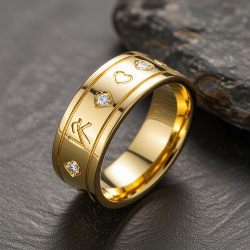 A men’s bold 14K band with repeating raised hearts (one engraved with T, one with K, and diamonds in the others).