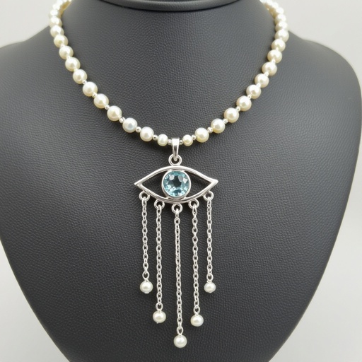 Тонкая цепочка с серебряными шариками и мелкими жемчужными камушками на цепочке есть кулон в форме глаза, зрачок глаза из аквамарина от глаза идет маленькая подвеска с серебряными цепочками разной длины