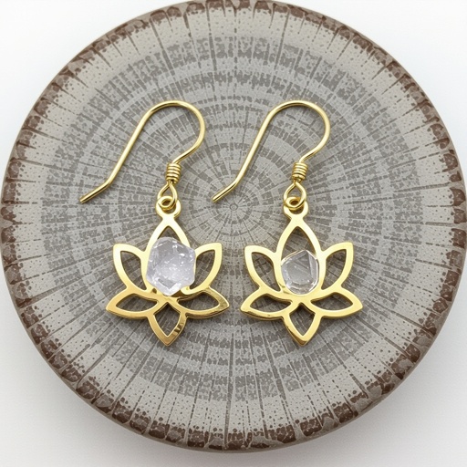 Серьги золото изящный маленький плоский лотос с необработанным маленьким хрусталем в центре