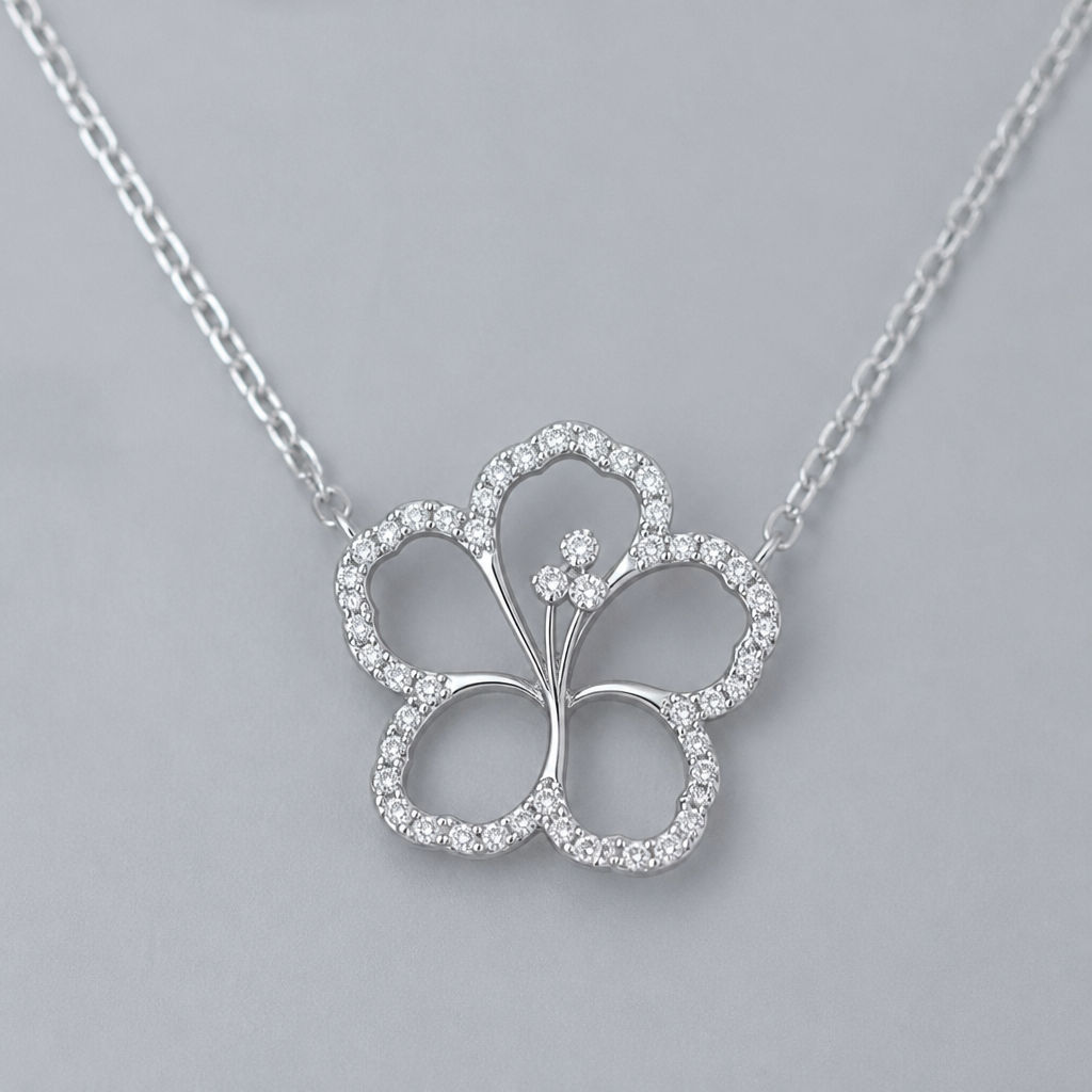 A women's necklace made of silver. hibicus ligne fine, (diamand poutours des petales vide, toutes les petales) et delicat ,3 tres petit diamand dans le milieu au bout de la tige interieur de la fleur vide, plus detail, 5 petales chaine de chaque coté, tige qui ne depasse la fleur, minimaliste mince
photorealistic jewelry design, A women's necklace made of silver. hibicus ligne fine, (diamand poutours des petales vide, toutes les petales) et delicat ,3 tres petit diamand dans le milieu au bout de la tige interieur de la fleur vide, plus detail, 5 petales chaine de chaque coté, tige qui ne depasse la fleur, minimaliste mince, modern style, just the design no text