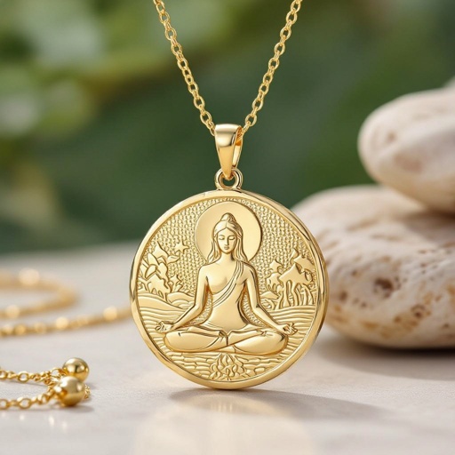 Золотой кулон в виде неровного круга в круге выгравирована женщина с длинными волосами в позе лотоса