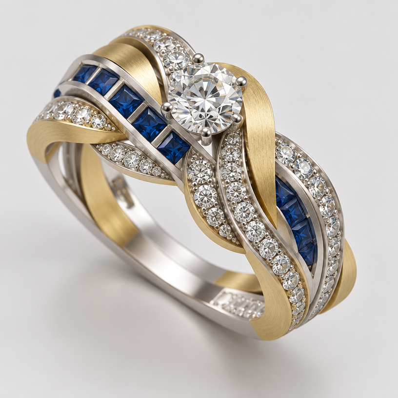 A women's ring made of mixed metal with diamond and sapphire stones. design a ring incorporating 33 .10 carat diamonds, 7 .10 carat square blue sapphires, and one .50 carat round diamond, using white and yellow gold in a matte finish.
using the attached image as a visual reference, create A women's ring made of mixed metal with diamond and sapphire stones. design a ring incorporating 33 .10 carat diamonds, 7 .10 carat square blue sapphires, and one .50 carat round diamond, using white and yellow gold in a matte finish.. photorealistic, just the design no text