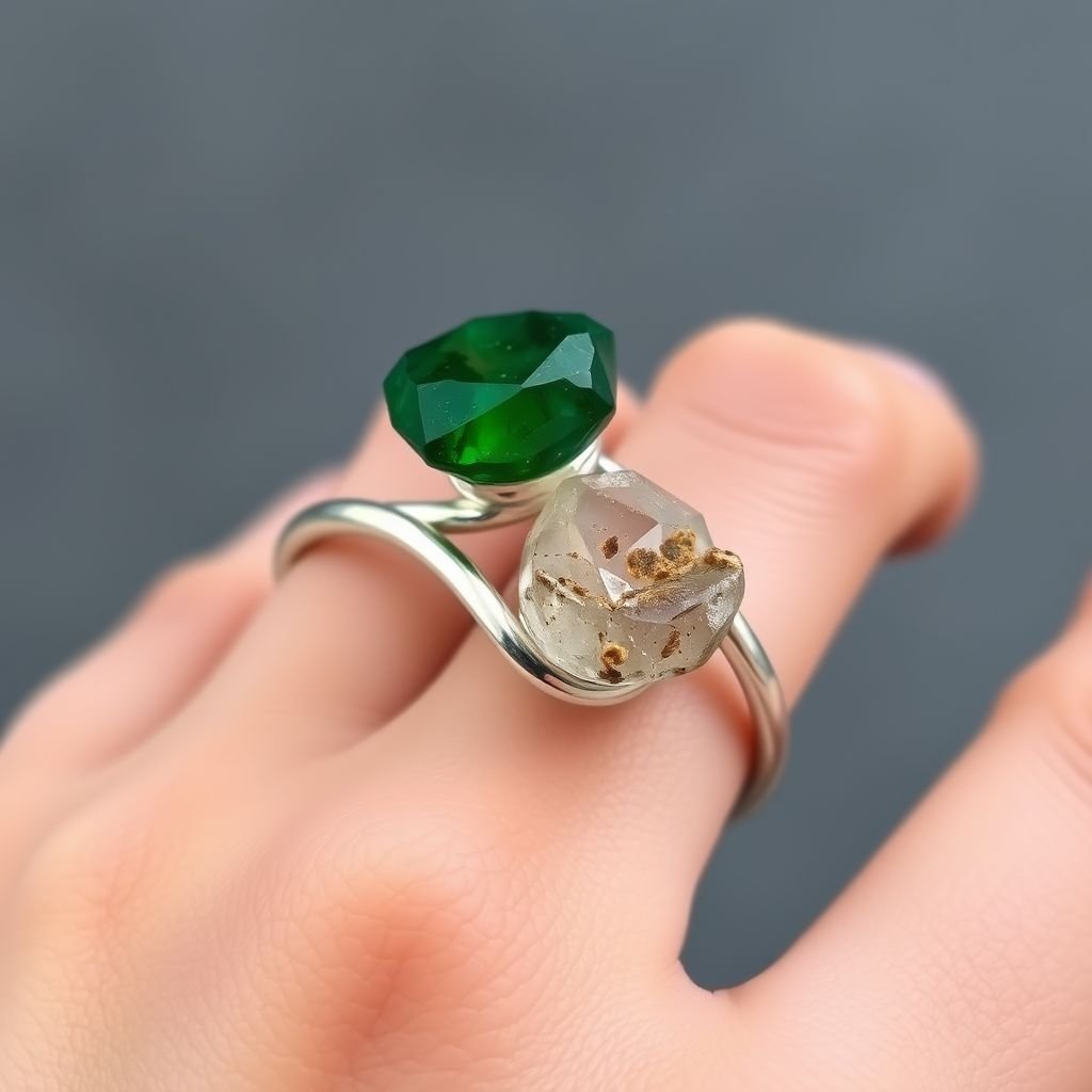 Craft a minimalist silver adjustable ring that delicately embraces the finger. Feature two striking raw natural gemstones—allowing their organic textures and colors to stand out. The design exudes earthy elegance, merging modern style with raw, untamed nature.