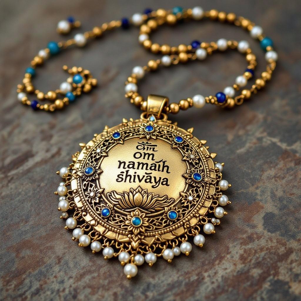 Кулон на длинной цепочке. Матовое светлое золото. В цепочке небольшие золотые шарики и синие камушки и жемчуга. Кулон в форме неровного мятого круга. На круге изображена надпись под наклоном om namah shivaya. Круг украшен лотосами звездами волнами узорами
