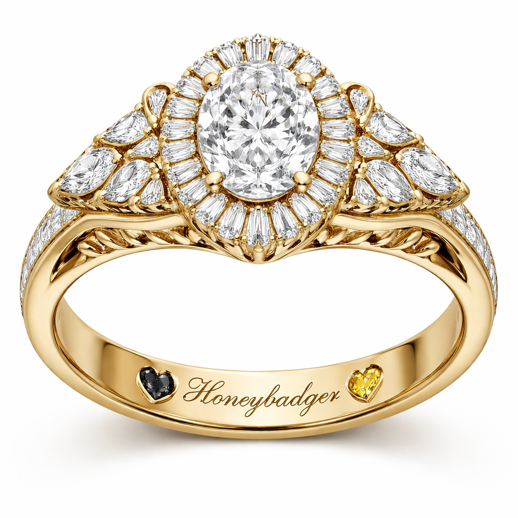 14 karat yellow gold band past present future ring outside stones are pear shaped with points pointing out center stone is oval the center stone is set in a cathedral setting the filigree for the cathedral had an “n” and “s” hidden within it the center oval is surrounded by a halo of diamonds baguettes on their longest side. There are 8 diamond pears in between the baguettes with the points facing out there is a cursive engraving on the inside that says Honeybadger with a black pear diamond, a yellow pear diamond in the shape of a heart