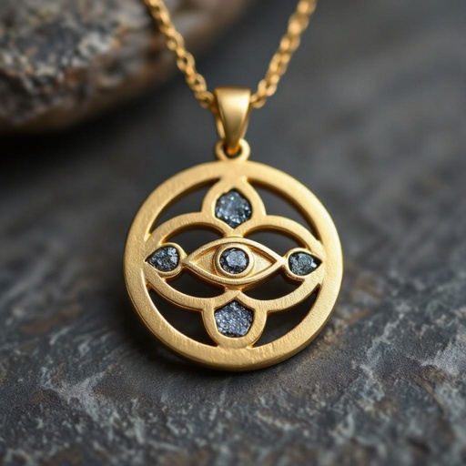 Подвеска из матового золота с узорами и мелкими необработанными матовыми камнями в форме двух пересекающихся окружностей и глаза между ними