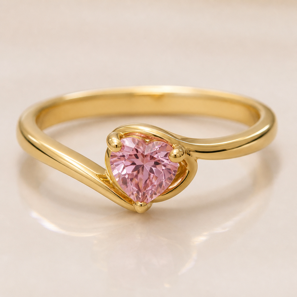 A women's ring. une bague délicate en or pur avec un diamant rose en forme de cœur
photorealistic jewelry design, A women's ring. une bague délicate en or pur avec un diamant rose en forme de cœur, modern style, just the design no text