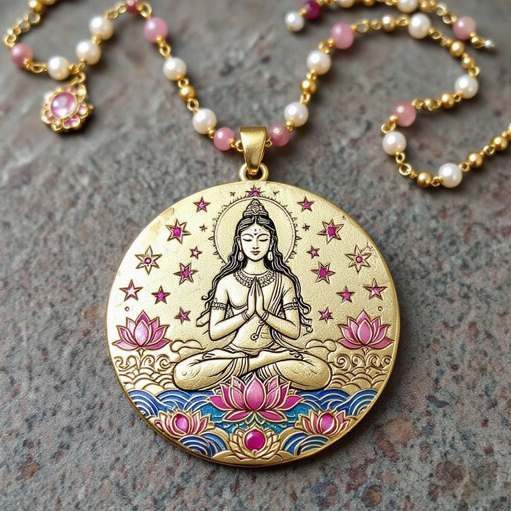 Кулон на длинной цепочке. Матовое светлое золото. В цепочке небольшие золотые шарики и розовые камушки и жемчуга. Кулон в форме неровного мятого круга. На круге изображена девушка с длинными волосами лица не видно в молитве и позе лотоса нечетко. Круг украшен лотосами звездами волнами узорами
