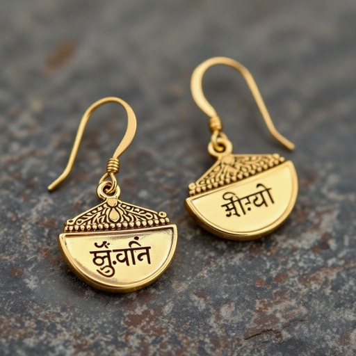 Серьги золотые в форме полукруга, полукруг как продолжение застежки, на полукруге надписи мантрами на санскрите