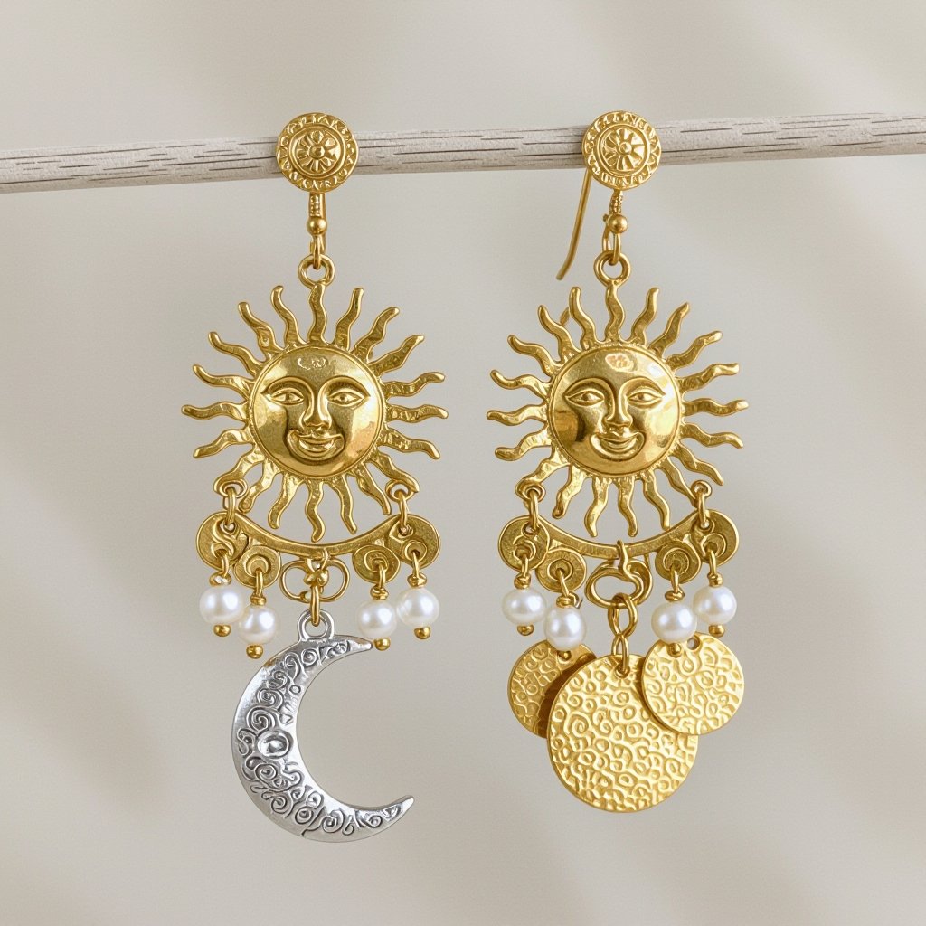 Золотые серьги словно мятое золото в форме солнца с волнистыми лучами крепится к застежке серьги. К нижней части солнца крепятся подвески: миниатюрная серебристая луна, очень маленький жемчуг и маленький золотой кружочек с мятым эффектом плоский