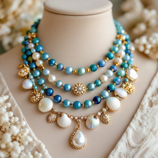 Sea inspired jewelry set, with different blue shades pearls and small shells and golden details