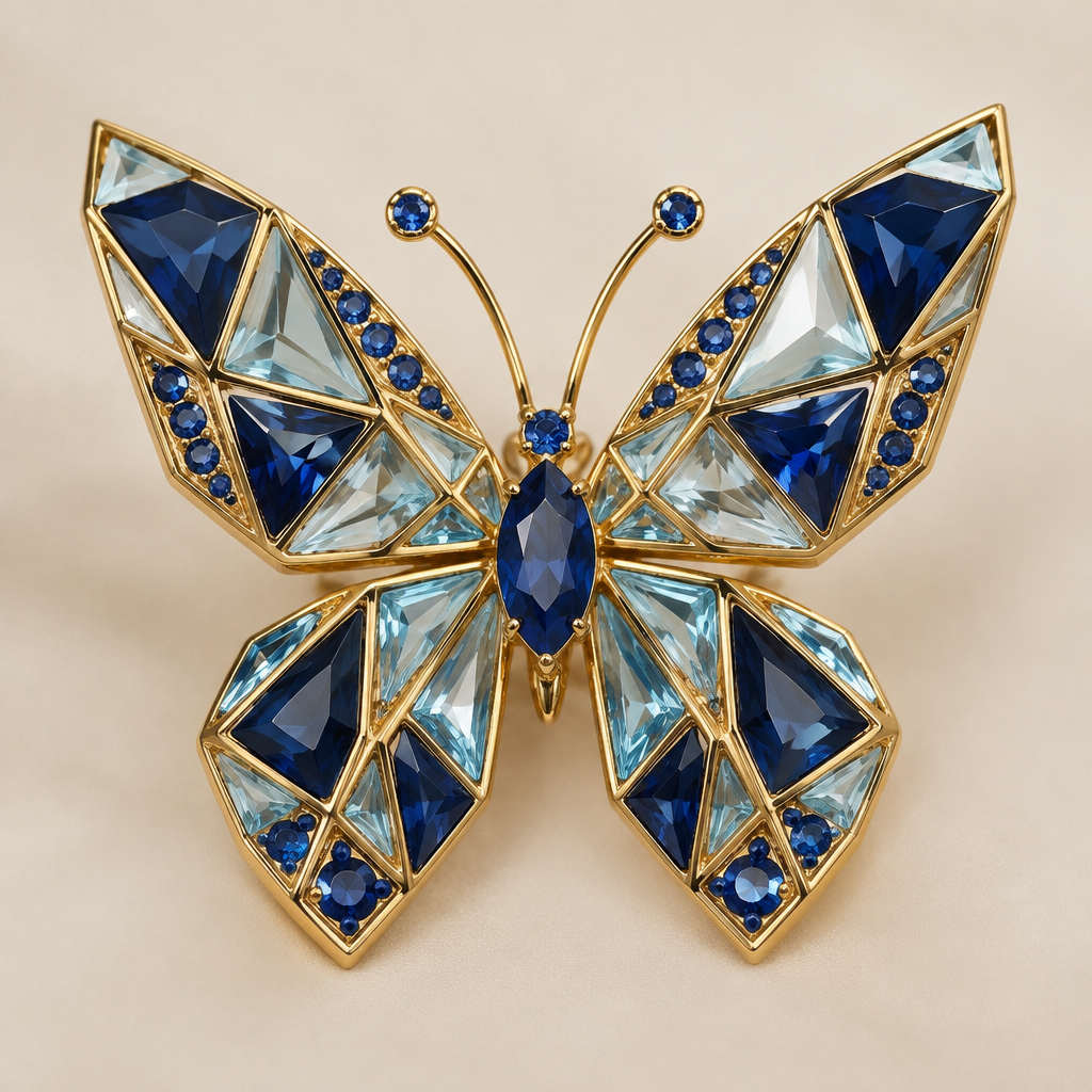 A geometric women's brooch made of gold with sapphire and aquamarine stones suitable for birthday. A delicate butterfly shaped broach
photorealistic jewelry design, A geometric women's brooch made of gold with sapphire and aquamarine stones suitable for birthday. A delicate butterfly shaped broach, geometric style, just the design no text