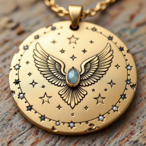 Золотой матовый медальон в форме неровного круга с неровными краями. По краям выпуклые точки сплошной линией. На круге выгравирован ангел без фигуры, видно только крылья и вокруг здездочки и разные узоры и украшен миниатюрными камнями