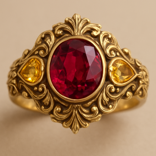 Ruby engagement ring with citrine and topaz inlays with nature themes