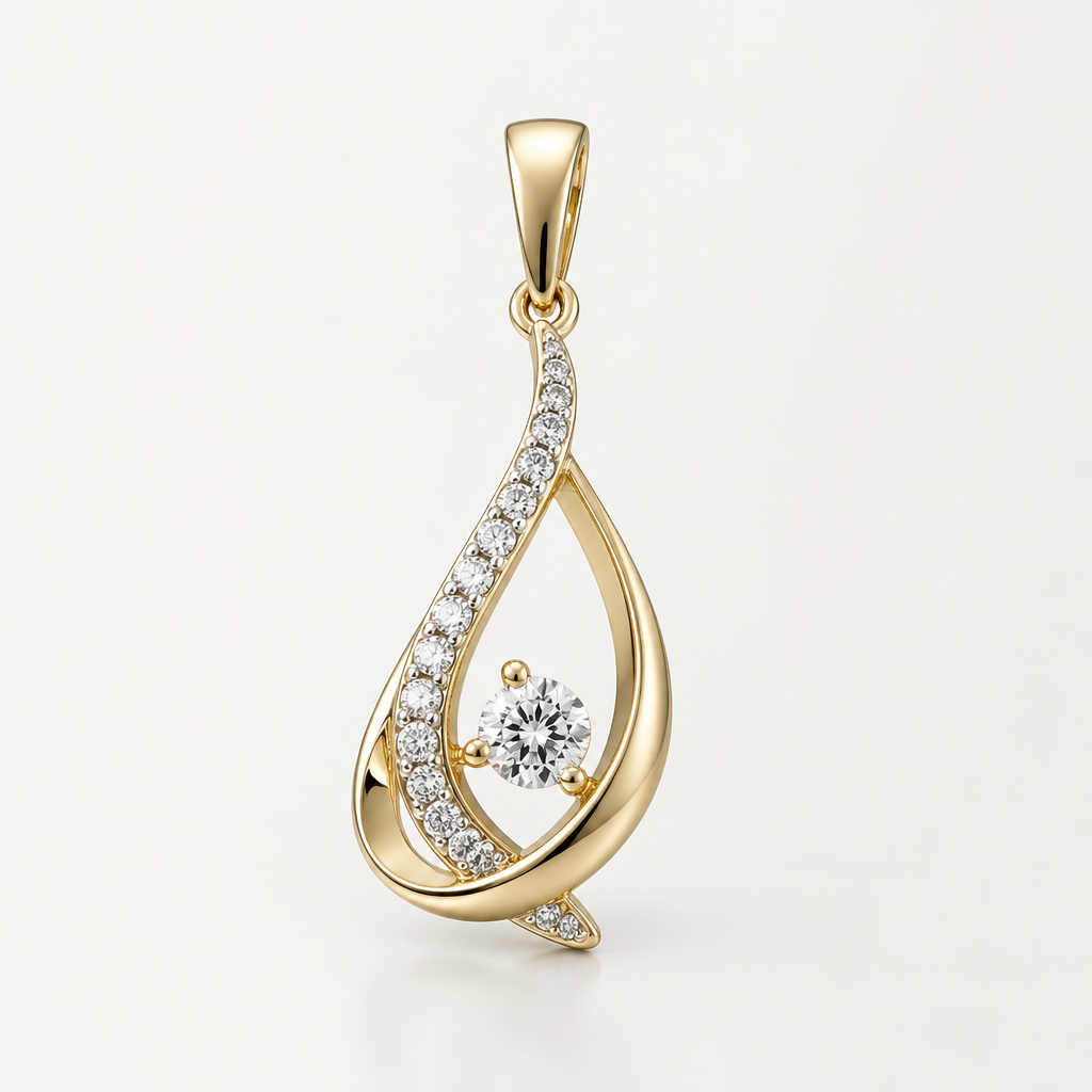 A women's pendant made of gold with diamond stones
photorealistic jewelry design, A women's pendant made of gold with diamond stones, modern style, just the design no text