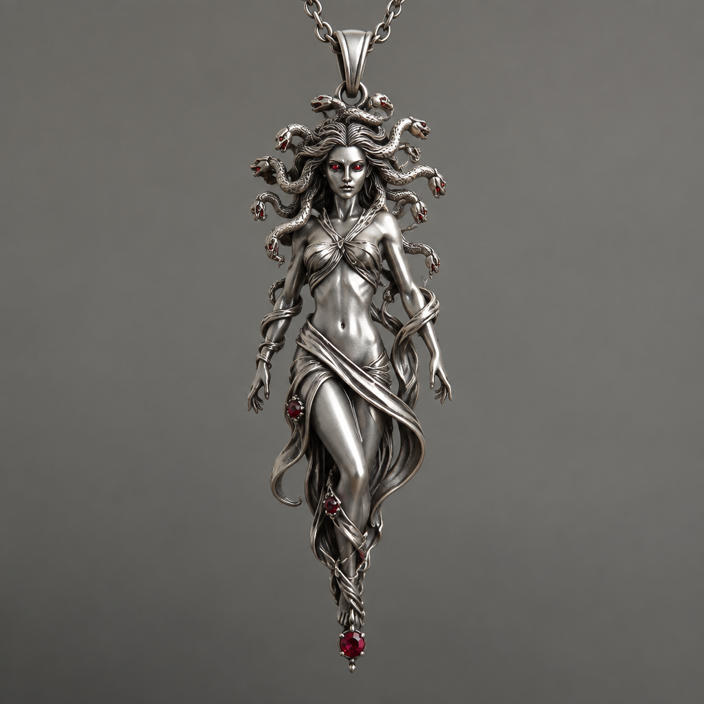 A mythological women's pendant made of silver with ruby stones suitable for daily wear. 有著紅寶石眼睛的梅杜莎樣貌的墜飾,要全身
photorealistic jewelry design, A mythological women's pendant made of silver with ruby stones suitable for daily wear. 有著紅寶石眼睛的梅杜莎樣貌的墜飾,要全身, mythological style, just the design no text
