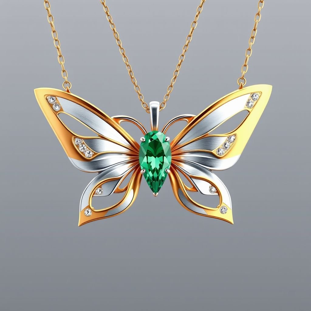 Modern necklace butterfly of diamonds Use a combination of brushed matte silver and high-shine gold accents for contrast. Incorporate a single, oval-cut gemstone-perhaps a striking emerald-set at an unconventional angle, creating a bold focal point that exudes contemporary elegance and sophistication.