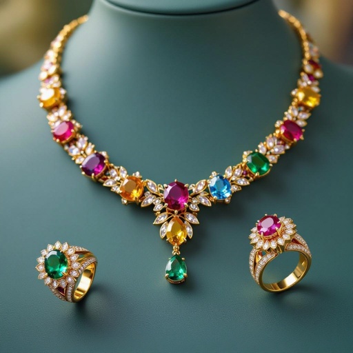 Necklace and ring and earring with luxury colorful jewel with gold