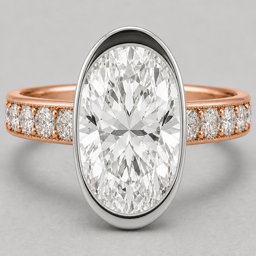 add a thin line of platinum bezel on the west and east sides of the oval sto e
edit the attached jewelry design with these instructions: add a thin line of platinum bezel on the west and east sides of the oval sto e. keep it photorealistic, just the design no text