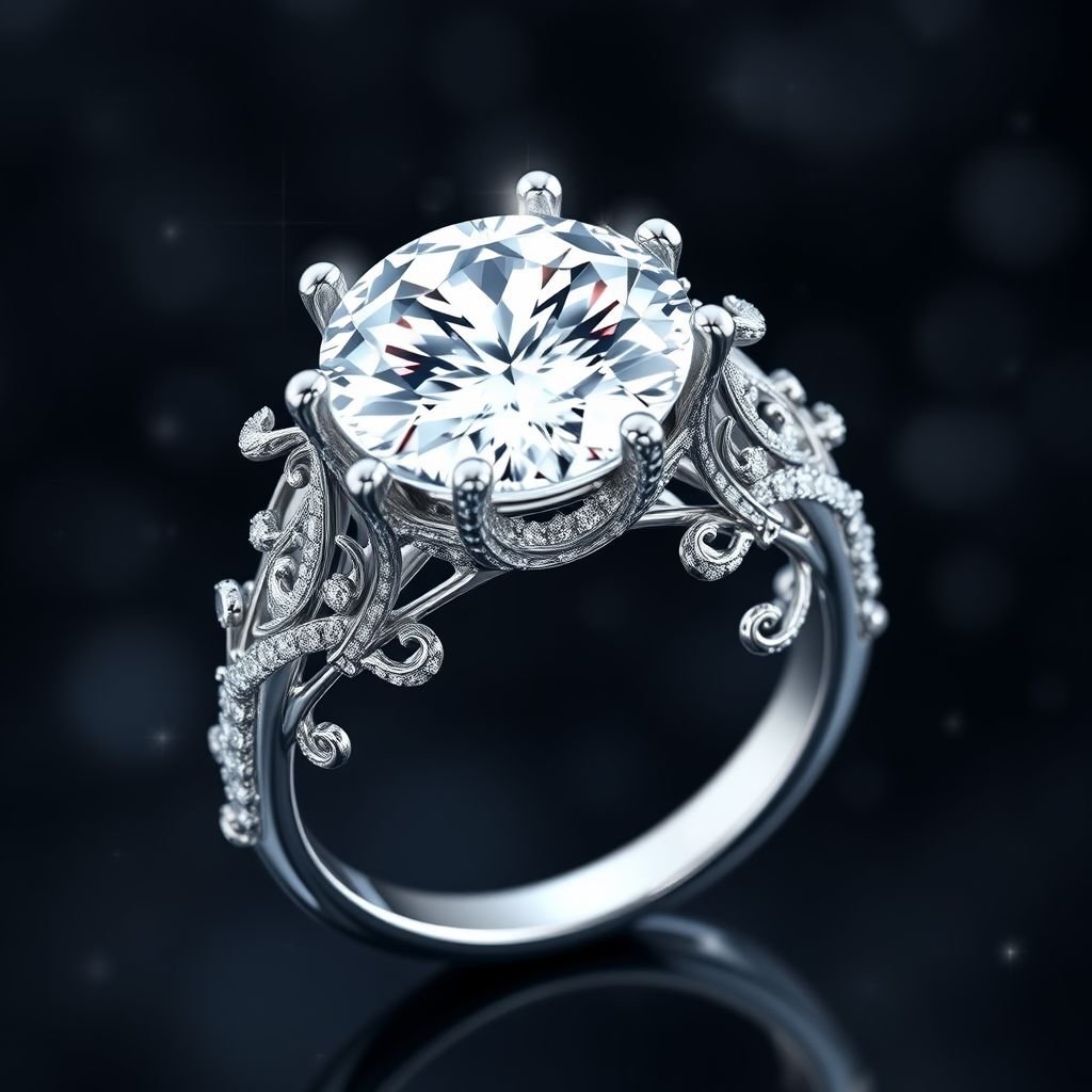Solitary ring withdiamond andwhite gold and small diamonds on the band
