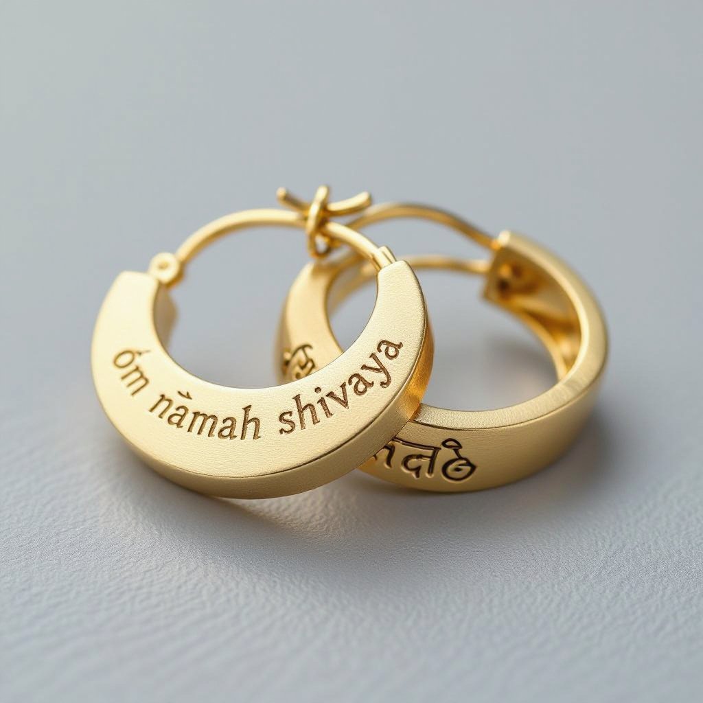 Золотые матовые серьги полукруг. На полукруге надпись изящным шрифтом om namah shivaya