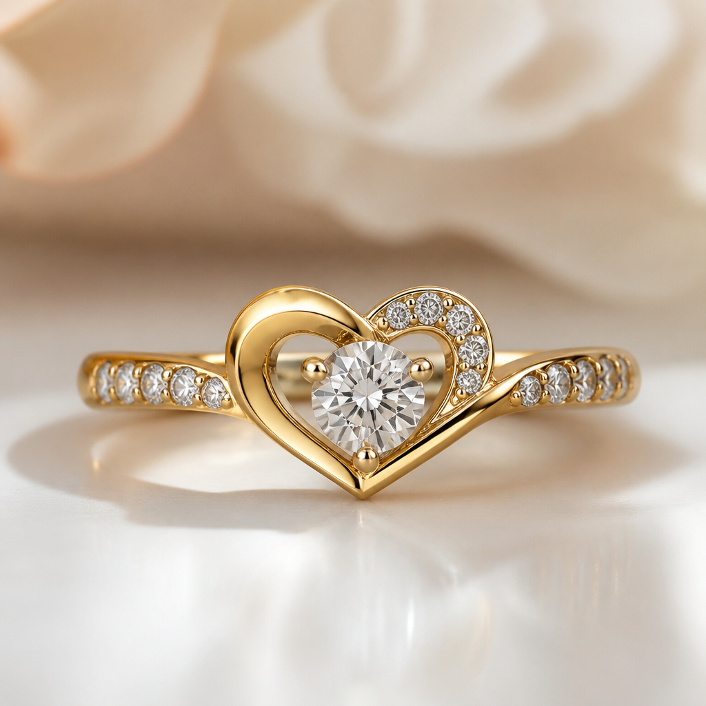 A romantic women's ring made of gold with diamond stones suitable for gift. one daimond in midal
photorealistic jewelry design, A romantic women's ring made of gold with diamond stones suitable for gift. one daimond in midal, romantic style, just the design no text