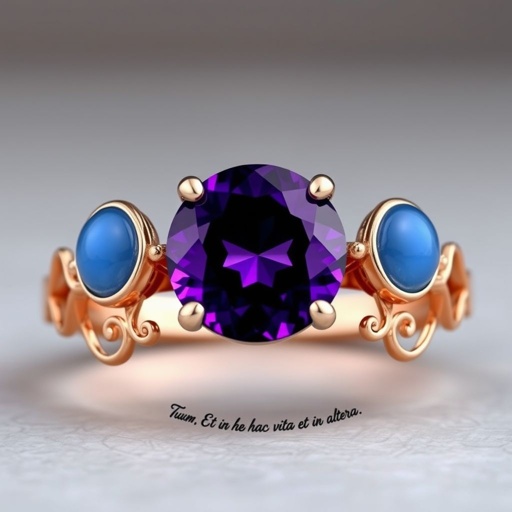 A simple, three stone 18 karat rose gold engagement ring set with a circular purple alexandrite. Also set with a small half moon cut blue chalcedony on one side right next to it, and a small half moon cut moonstone set on the other side right next to it. On the inside of the band, it has an inscription reading, “Tuum. Et in hac vita et in altera.”