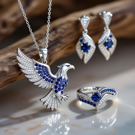 Geomatric modern eagle and wings with ring of architecture shape and voulume of complete set Design a contemporary pendant featuring a single, large diamond shaped like a wing, symbolizing freedom and elegance. The diamond is elegantly set in a sleek, minimalist rose gold frame that accentuates its brilliance. The modern aesthetic is enhanced with clean lines and asymmetry, making it a striking statement piece for the avant-garde wearer.