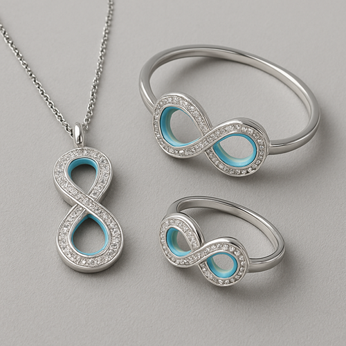 سيت غريب وحلو باللون الازرق الفاتح (اسوارة،عقد،خاتم) فضّة مرصع بالالماس ومش مالوف مدموج باللون الازرق علامة♾️