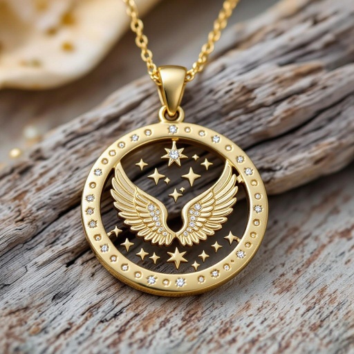 Золотой матовый медальон в форме неровного круга с неровными краями. По краям выпуклые точки сплошной линией. На круге выгравирован ангел без фигуры, видно только крылья и вокруг здездочки и разные узоры и украшен миниатюрными камнями