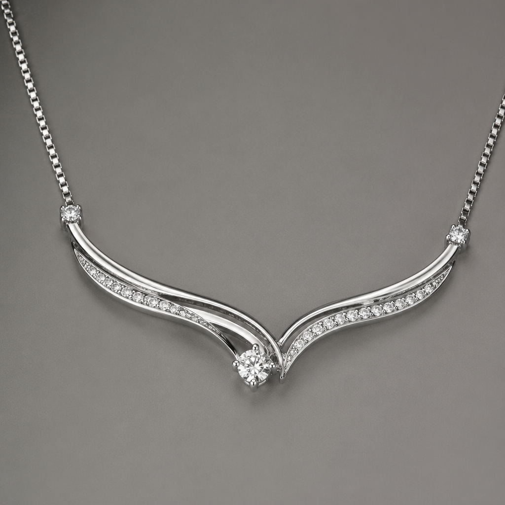 A women's necklace made of platinum with diamond stones. same style as this but change it to platinum gold color
photorealistic jewelry design, A women's necklace made of platinum with diamond stones. same style as this but change it to platinum gold color, modern style, just the design no text