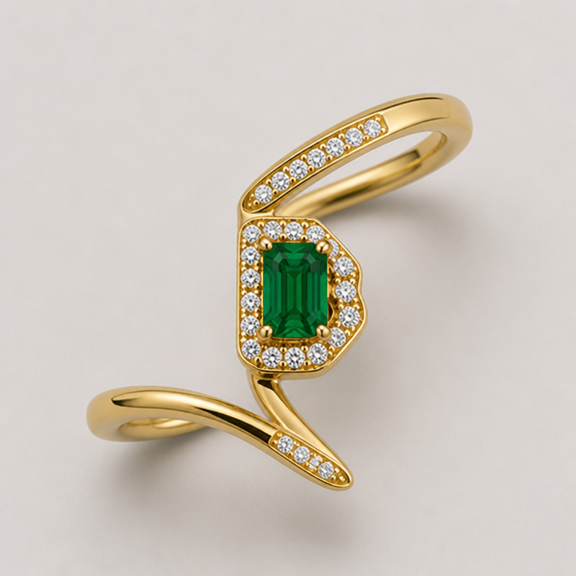 One v band going down and one going up towards the palm and the emerald in a b shape to fit when together on one finger
edit the attached jewelry design with these instructions: One v band going down and one going up towards the palm and the emerald in a b shape to fit when together on one finger. keep it photorealistic, just the design no text