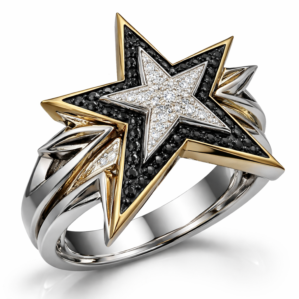 Unique modern edgy ring of Unique design of edges and bold shapes of nice unique star with black diamonds and white diamonds of white background combined with white and yellow gold