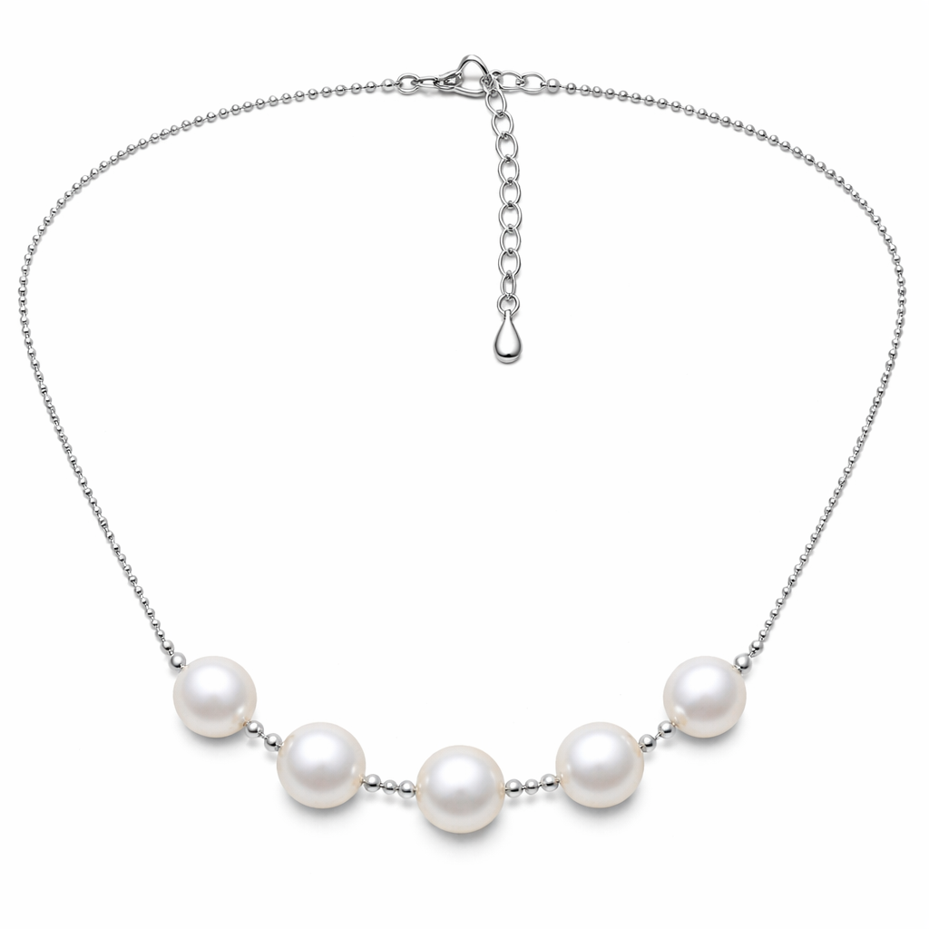1) 1.2mm ball silver chain with 5 pearls in front in 9-10mm, the distance between the pearls should be 3cm, in 45+5cm extension Chain with the same lobster