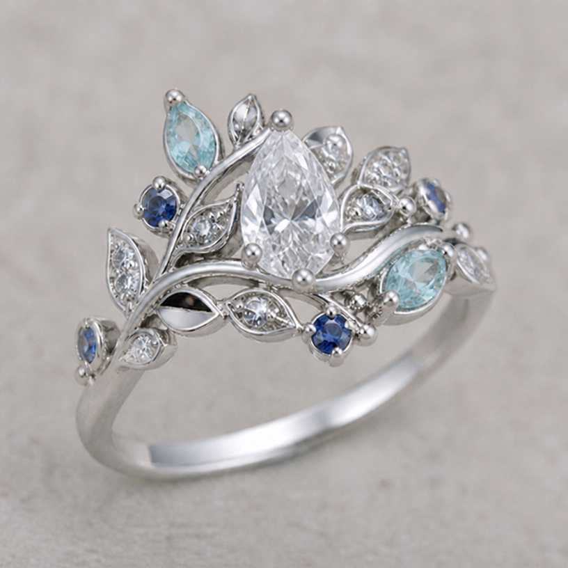 replace center stone with a tear drop diamond
edit the attached jewelry design with these instructions: replace center stone with a tear drop diamond. keep it photorealistic, just the design no text