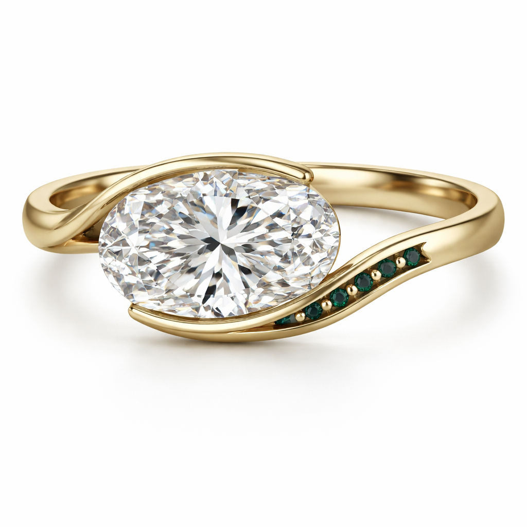 Center Stone
• Diamond: lab-grown
• Carat: ~2.0 ct
• Shape: oval brilliant
• Orientation: east–west (horizontal)
• Setting: negative-space bezel (partial bezel with open support arm)
• Position: slightly offset to the left
• 5 micro emeralds
• size: ~0.9–1.0 mm each
• color: deep forest green / nearly black Zambian tone
• placement: inside the gallery rail under the diamond
• curved to follow the support arm architecture