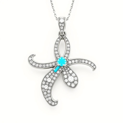 Silver pendant in the shape of ice skating blades with a turquoise stripe within the blade
