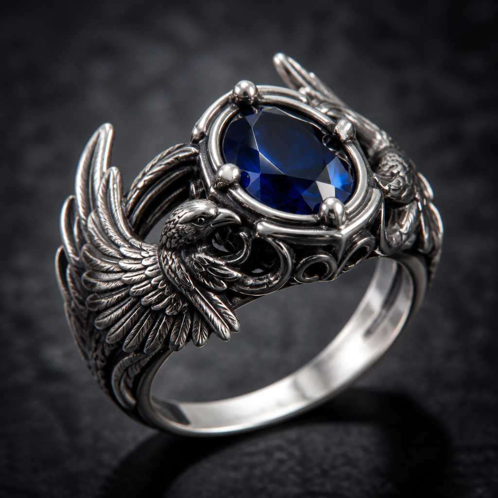 Harry Potter silver sterling raven bird wings around the ring and navy blue stone
photorealistic jewelry design, Harry Potter silver sterling raven bird wings around the ring and navy blue stone , victorian style, just the design no text