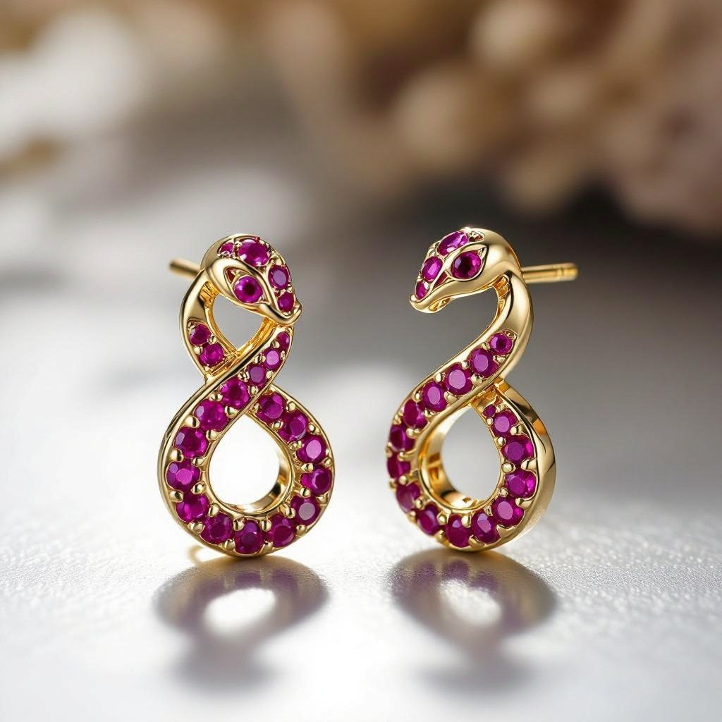 Небольшие золотые матовые серьги в виде символической змеи