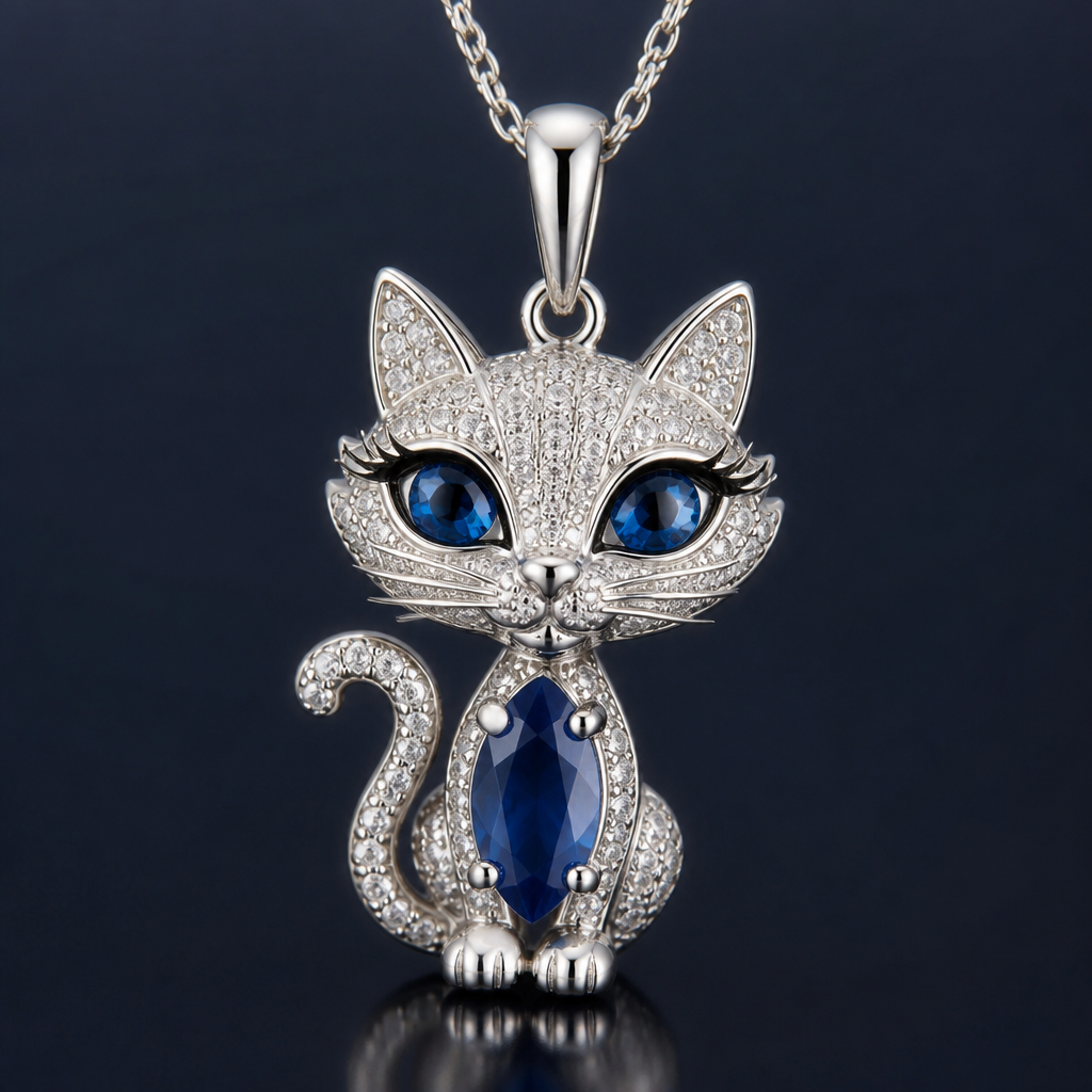 Cat necklace with pretty eyes and lashes and blue sapphire cat eyes
photorealistic jewelry design, Cat necklace with pretty eyes and lashes and blue sapphire cat eyes , modern style, just the design no text
